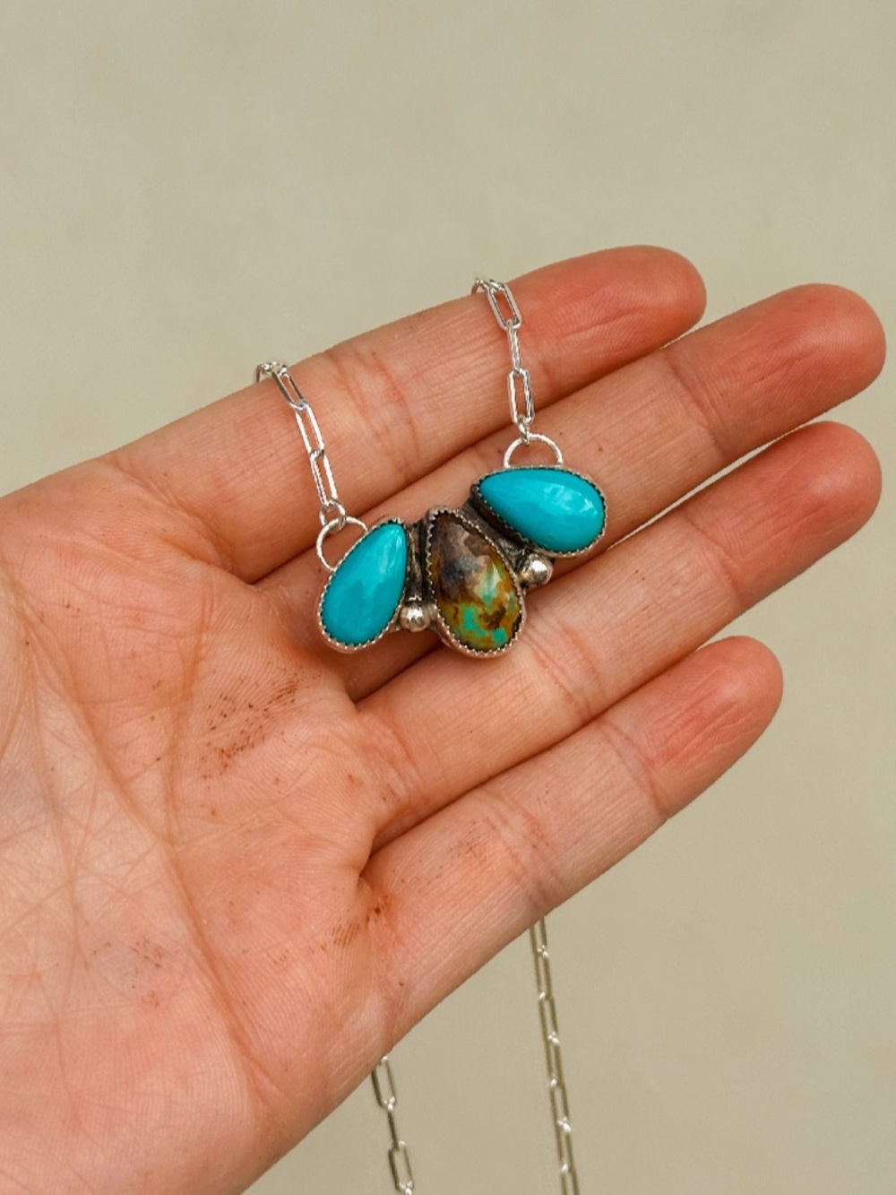Royston Turquoise Three Stone Necklace Sterling Silver Handmade -Style 1 - Picture 2 of 2